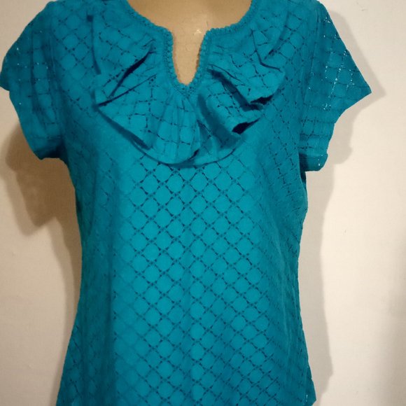 Isaac Mizrahi Knit Lace Top with Ruffle Neck - the color is teal - Picture 2 of 6